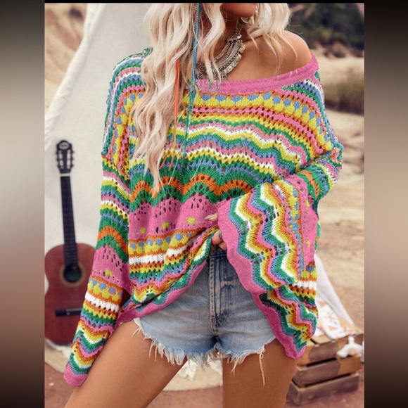 Boho Crocket Bell Sleeve Chevron Color Block Stripe Knit Sweater Top Blouse - Picture 2 of 8